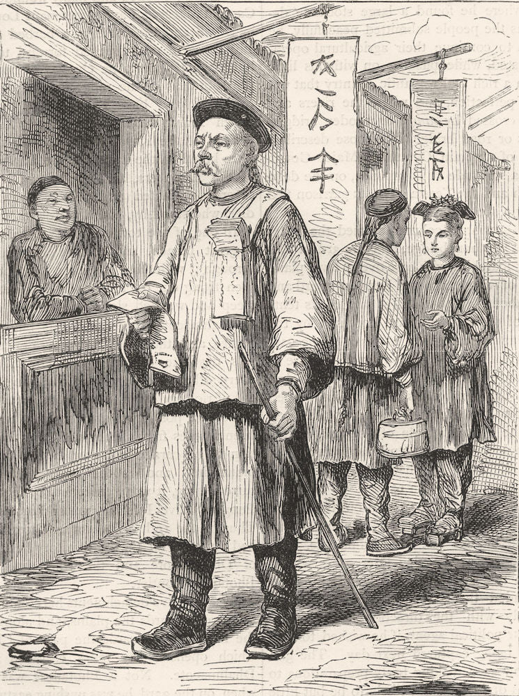 CHINA. Chinaman selling the Beijing Gazette c1880 old antique print picture